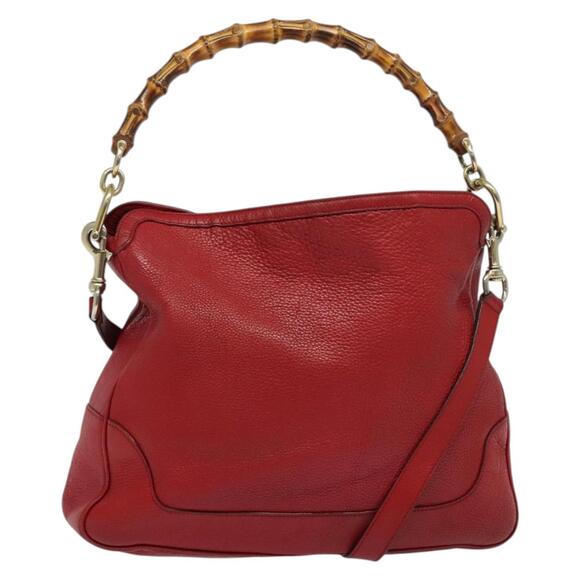 GUCCI Bamboo Hand Bag Leather Red Gold - Picture 1 of 16